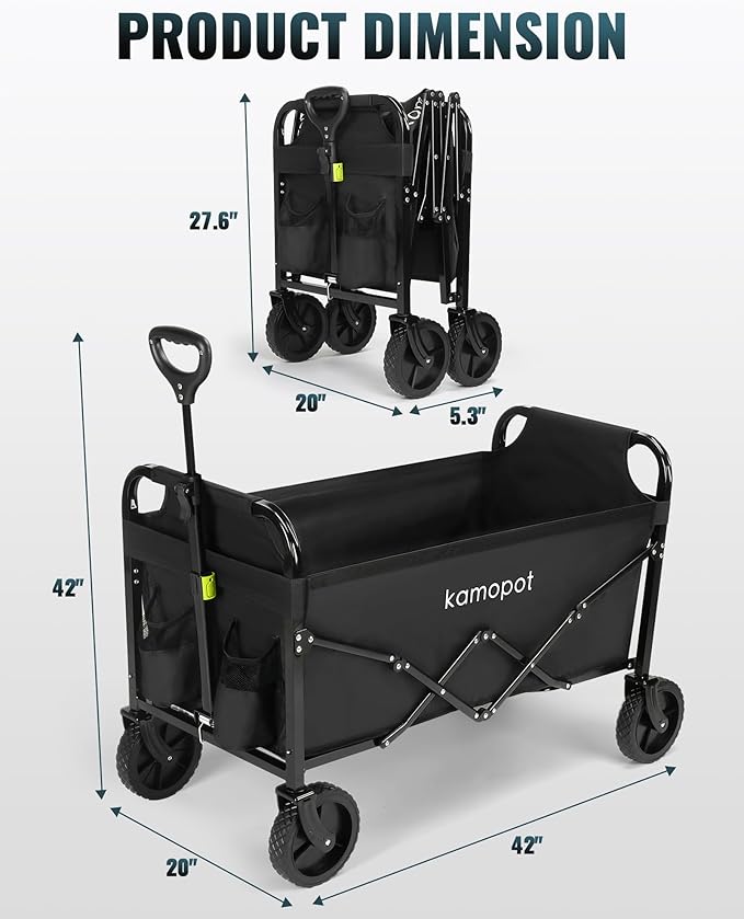 Large Collapsible Wagon Foldable for Grocery, Beach, Park, Yard, 34" x 18" Inner Storage. 300lb Heavy Duty Folding Utility Cart on Wheels w/Cupholders