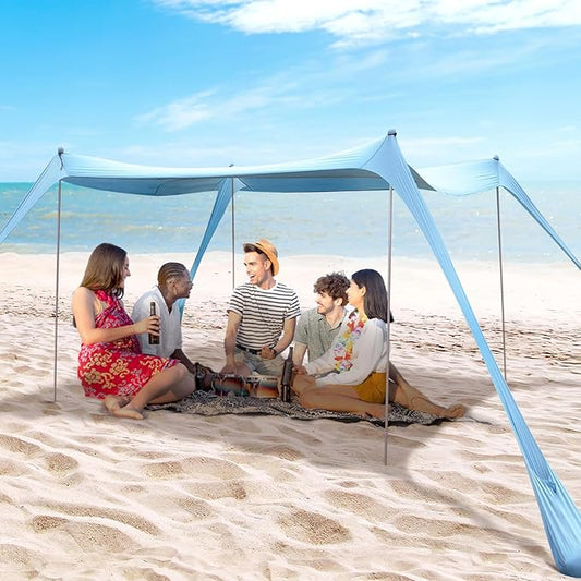 BOTINDO Family Beach Tent Canopy Sun Shade, Pop Up Grande Beach Tent Sun Shelter Stability 4 Poles with Portable Carry Bag Outdoor Shade for Fishing Backyard Camping (Light Blue, 10x10FT 4Pole)