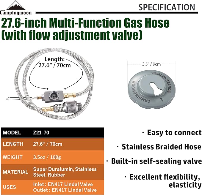 CAMPINGMOON 27.6-inch Multi-Function Gas Hose for EN417 Lindal Valve Screw-on Type Canister and Device Z21-70