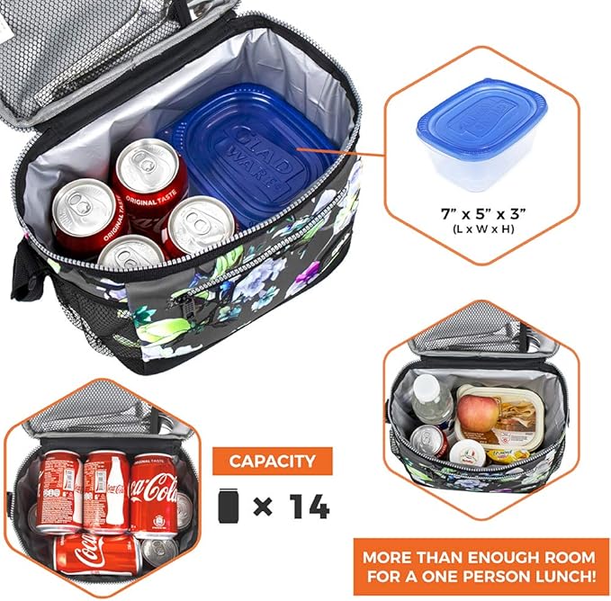 opux Insulated Lunch Box Men Women, Lunch Bag for Work School, Leakproof Soft Cooler Tote Adult, Large Lunch Pail Kids Boys Girls, Picnic Beach Food Bag with Shoulder Strap, Grey Floral