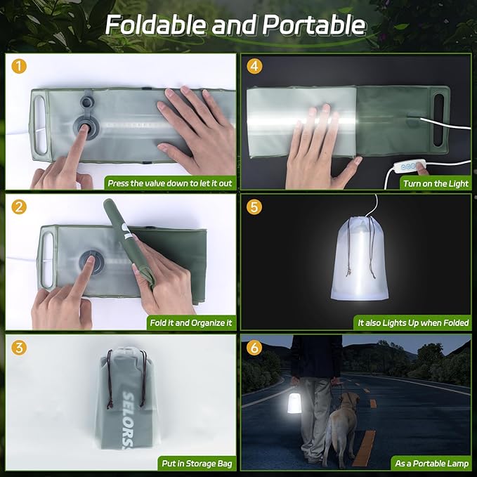 SELORSS Portable Inflatable Folding Outdoor Camping Light, IP66 Waterproof Standard with USB Plug for camping, hiking, traveling and other outdoor environments.(Green)