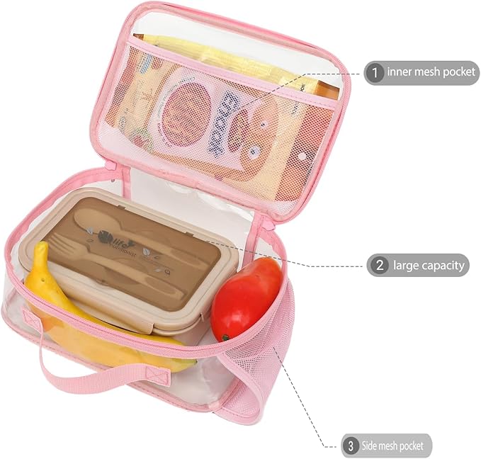 Insulated Lunch Box for School, Thermal Reusable Durable Freezable Lunch Bags for Kids Boys Girls Men Women - Small Soft Cooler Portable Lunch Tote Kit for Work Picnic Travel,Clear Pink