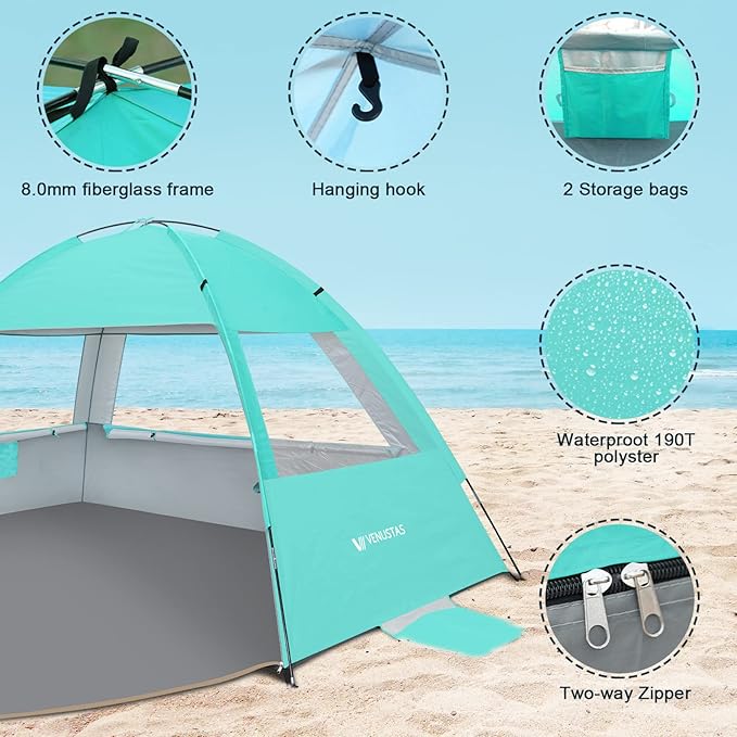 Venustas Beach Tent Sun Shelter for 3-10 Person, UPF 50+ UV Protection Canopy, Lightweight and Easy Setup Cabana, Portable Beach Shade
