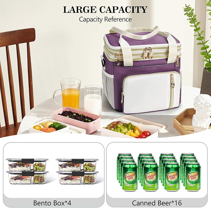 LOKASS Lunch Box for Women, 16L, Double Deck Expandable Insulated Lunch box For Adults/Women Thermal Large Waterproof Leakproof Cooler Bag with Shoulder Strap - Mauve