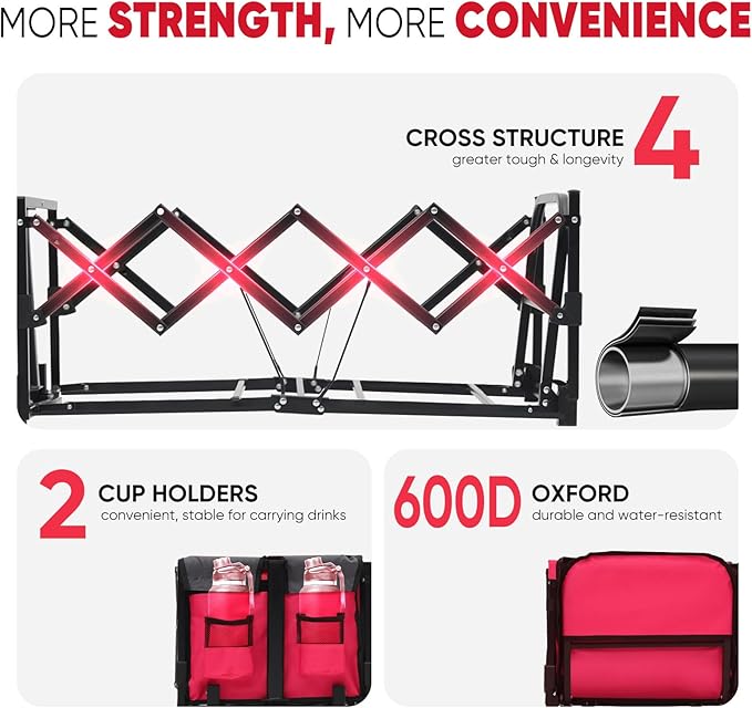 Collapsible Wagon Cart 226.8L - Extra Long Foldable Utility Wagon with Tailgate, Brakes, Anti-Rebounding Handler & 2 Cup Holders, for Groceries, Camping, Shopping, Garden - Pink