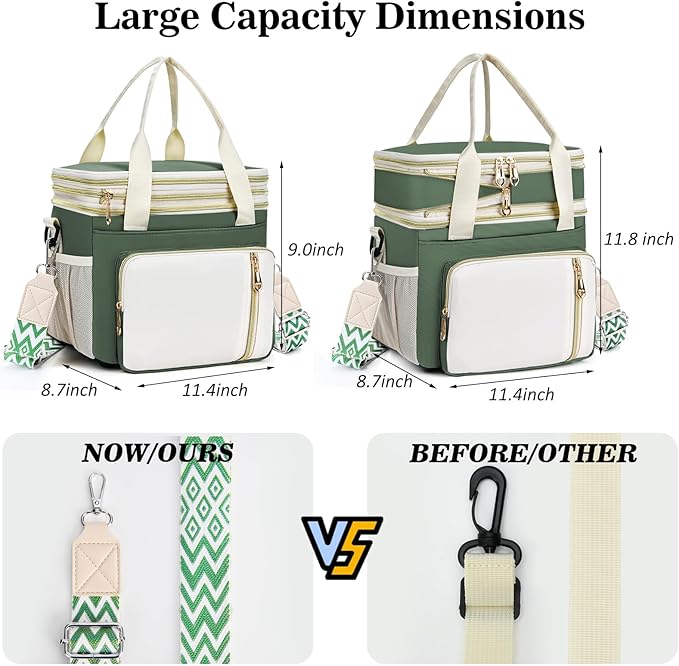 LOKASS Lunch Box for Women/Men-16L-Insulated Lunch Bag, Expandable Double-layer Leakproof Cooler Bag with Upgrade Adjustable Shoulder Strap Ideal for Work/Travel/Picnics（Army Green）