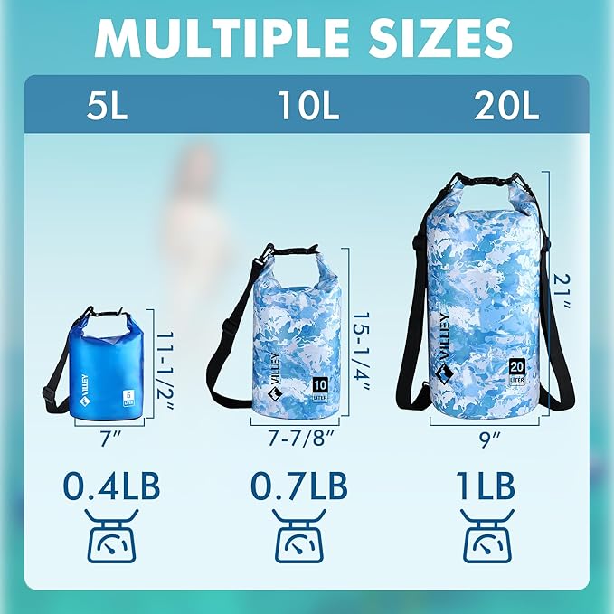 VILLEY Dry Bag Waterproof 5L Roll Top Sack Keeps Gear Dry Lightweight Dry Sack with Waterproof Phone Case for Kayaking Boating Camping Swimming and Beach Adventures Transparent Blue