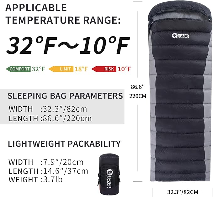 Ultralight Down Sleeping Bag for Adults - 600 Fill Power, Cold Weather, Backpacking, Camping, Hiking