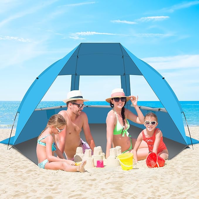 Gorich Portable Beach Tent for 3-7 Person with UPF 50+ UV Protection, Lightweight & Foldable Sun Shelter with 5 Sand Bags, Easy Setup Windproof Beach Umbrella Sun Shade