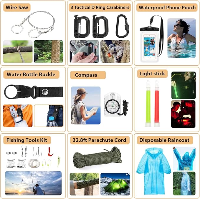 Survival Kit, 250Pcs Survival Gear First Aid Kit with Molle System Compatible Bag and Emergency Tent, Emergency Kit for Earthquake, Outdoor Adventure, Hiking, Hunting, Gifts for Men Women
