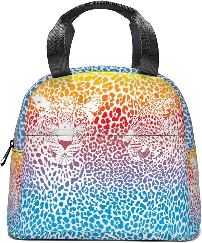 Giwawa Rainbow Leopard Print Lunch Bag for Kids Girls Boys Colorful Cheetah Animal Insulated Lunch Box Reusable Thermal Lunch Cooler Tote Bags with Front Pocket for Men Women Picnic Travel