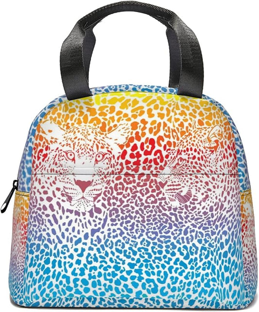 Giwawa Rainbow Leopard Print Lunch Bag for Kids Girls Boys Colorful Cheetah Animal Insulated Lunch Box Reusable Thermal Lunch Cooler Tote Bags with Front Pocket for Men Women Picnic Travel