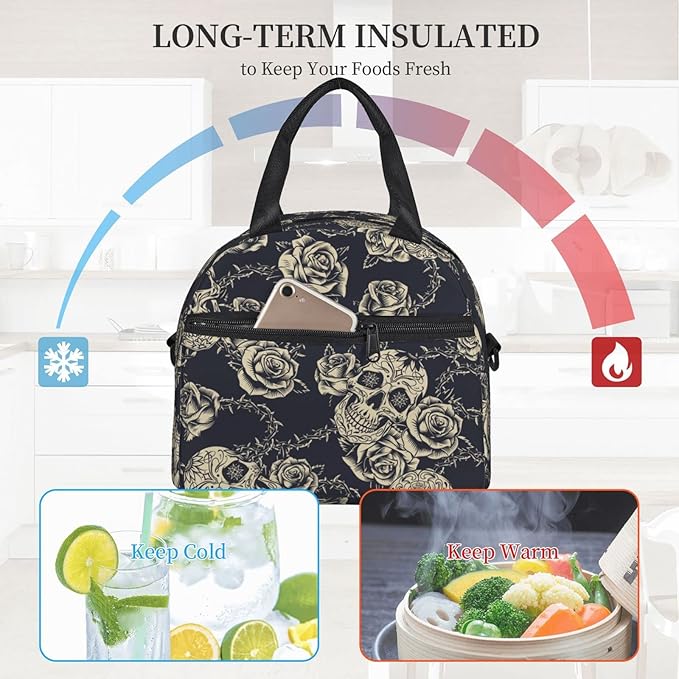 bassyil Skull Insulated Lunch Bag Reusable Lunch Box With Adjustable Shoulder Strap Cooler Tote Bag For Men Women