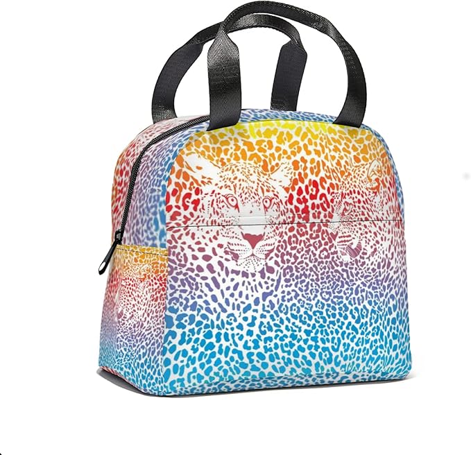 Giwawa Rainbow Leopard Print Lunch Bag for Kids Girls Boys Colorful Cheetah Animal Insulated Lunch Box Reusable Thermal Lunch Cooler Tote Bags with Front Pocket for Men Women Picnic Travel