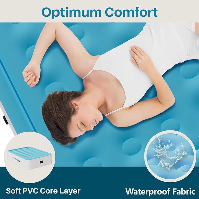 Air Mattress Queen with Built in Pump Raised, Comfort Plush Self Inflating Mattress, Inflatable Blow Up Mattress, Portable Airbed for Home, Guests, Camping(Light Blue, 18” Height)