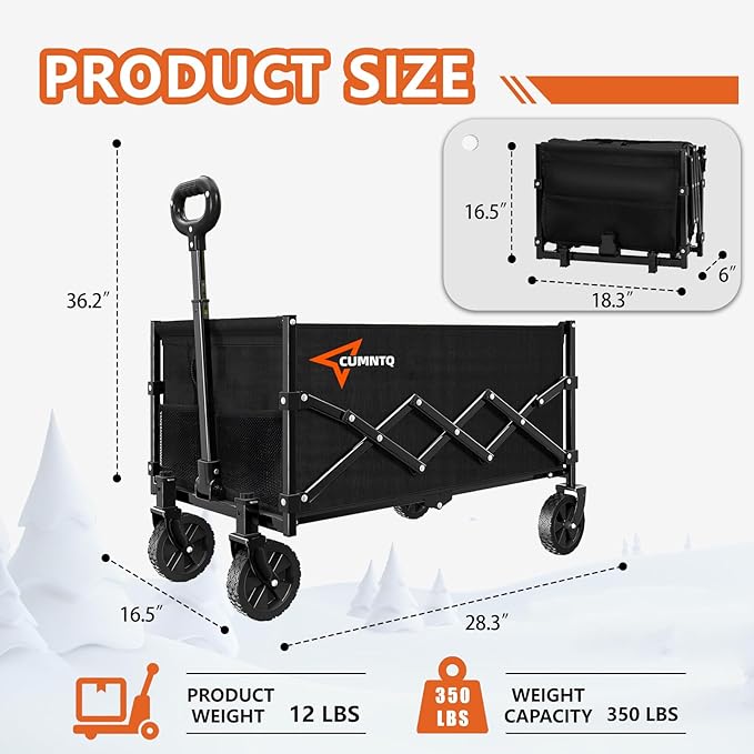 Collapsible Folding Wagon, 350lb Weight Capacity Collapsible Wagon with All-Terrain Wheels, Cup Holders and Adjustable Handle Utility Wagons, for Grocery Camping Garden Sports Shopping, Black
