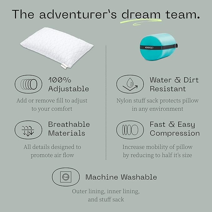Coop Home Goods Original Adjustable Travel Pillow and Waterproof Pillow Protector Grey Bundle with Compressible Stuff Sack, Medium-Firm Memory Foam and Washable Cover, CertiPUR-US Certified (19x13)