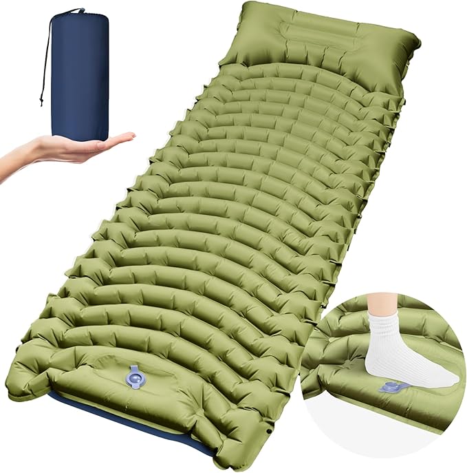 Camping Sleeping Pad, Ultra-Lightweight Inflatable Sleeping Mat with Built-in Pillow, Foot Pump, Compact and Portable, Ideal for Outdoor Camping, Backpacking, Hiking(Solo)