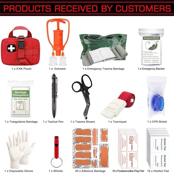 Tactical Ifak Trauma Kit - Emergency First Aid Bleeding Control Kit, Snake Bite & Bee Sting Supplies, Venom Extractor Pump