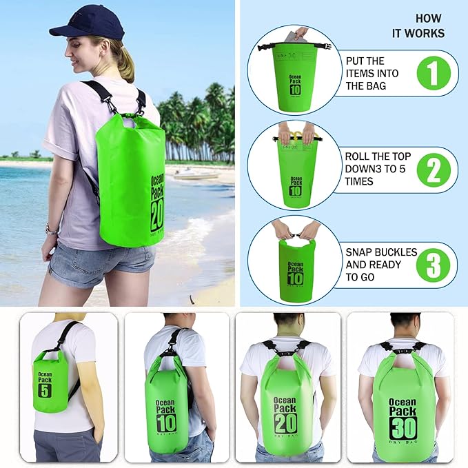 Floating Waterproof Dry Bag Backpack 5L/10L/20L, Roll Top Bag for Kayaking, Rafting, Boating, Swimming, Camping, Hiking, Beach, Fishing, Waterproof Beach Bag. (Green, 20L)
