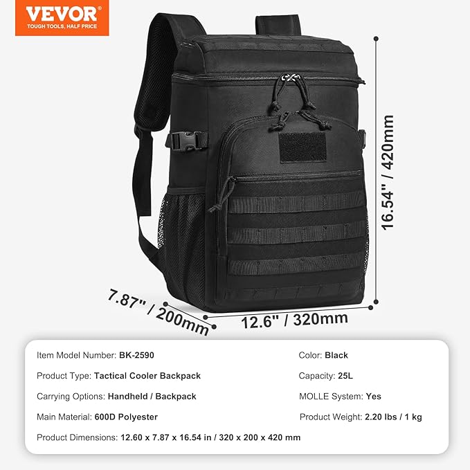 VEVOR Tactical Backpack Cooler, 25L Lunchbox for Work Insulated Leakproof with MOLLE, Lunch Cooler Box with Storage Bags, Lunch Bags Soft Cooler for Office, Picnic, Hiking, Beach, Camping