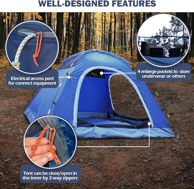 3 Person Tents for Camping, HIKERBRO Small Dome Tent with 2 Upgraded Doors & Half Mesh Ceiling, Waterproof 4 Person Camping Tent with Removable Rainfly, 2/3/4 Person Easy Up Tents for Hiking Traveling