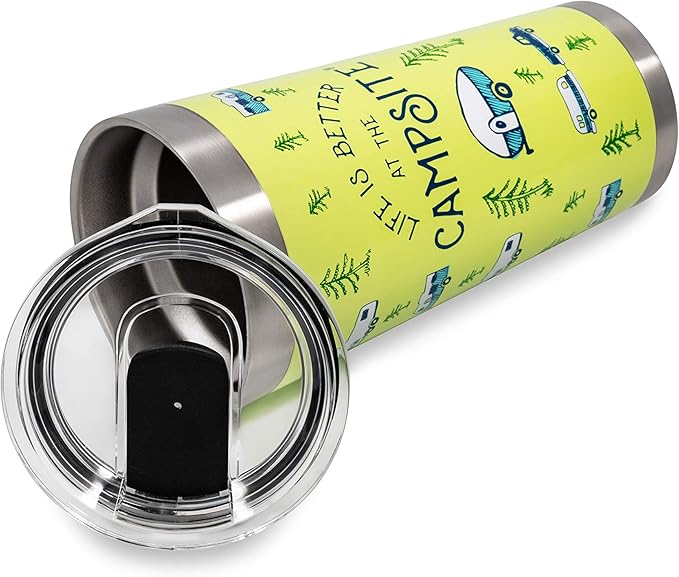 Camco Life is Better at The Campsite 20 oz. Printed Tumbler | Features Superior Ice & Heat Retention | Camper/RV Sketch Pattern on Green Background Design (53321)
