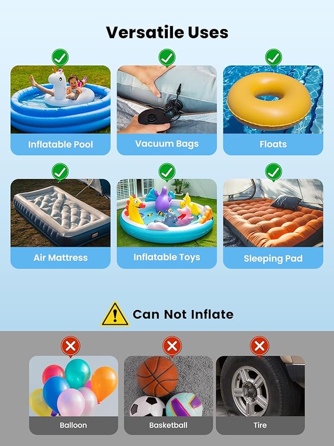 Dr.meter Air Mattress Pump, 3 Ways Powered Portable Electric Air Pump with 3-Nozzle AC 110V, DC 12V, Battery Operated Quick-Fill Inflator Deflator for Inflatable Pool Float Air Bed Boat Swimming Ring