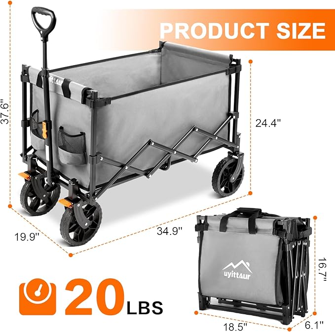 140L Collapsible Wagon Cart Foldable, Portable Folding Wagon with Silent Universal Wheels, Utility Grocery Cart for Camping Sports Shopping, Grey