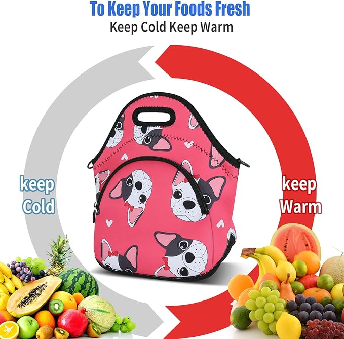 Violet Mist Neoprene Lunch Bag Reusable Insulated Lunch Box with Adjustable Shoulder Strap&Pocket for Women,Men,Adults,Cute Cartoon Dog Pink Snack Bags Anime Animal Work Picnic Travel Food Handbags