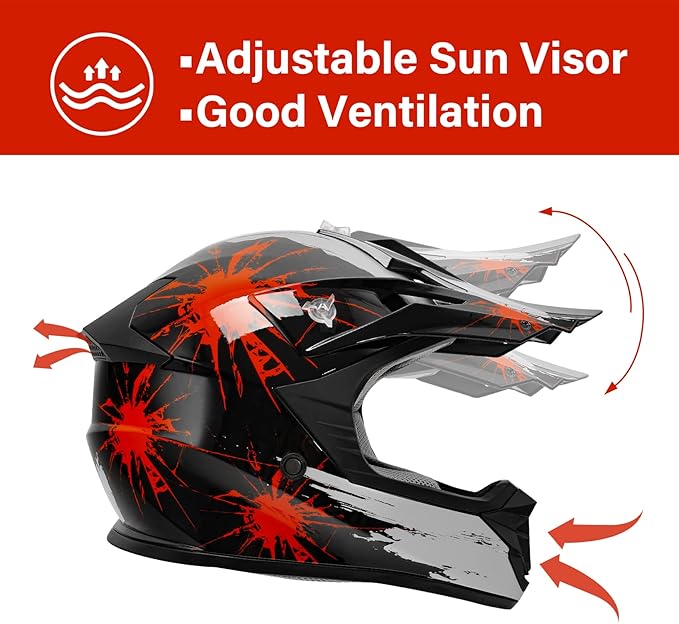 TCT-MOTORPARTS DOT Youth Kids Motocross ATV Helmets Offroad Street Dirt Bike Go-Kart BMX MX Full Face Helmet Black w/Red Fireworks Samll Size
