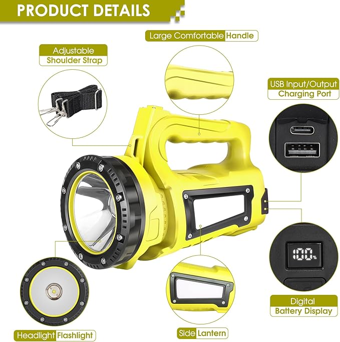 Rechargeable LED Flashlight, Camping Lantern Flashlight with 1000LM, 7 Modes, Power Bank, IPX4 Waterproof Camping Essentials Light for Hurricane Emergency Hiking Survival Kits - Yellow