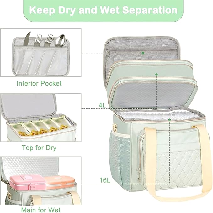 GLENKEY Expandable Lunch Box for Women, Double Deck Large Insulated Lunch Bag Leakproof Soft Cooler Bags Lunch Cooler for Adults Work Office Flight Travel, Green