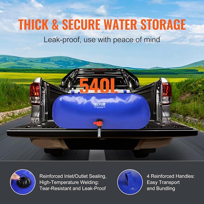VEVOR 540L/142.7 Gallon Water Storage Bladder, RV Water Tank, 1000D Blue PVC Collapsible Water Storage Containers, Large Capacity Soft Water Bag, Portable Water Bladder, Garden Irrigation,Camping