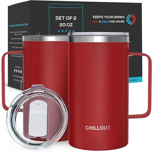 CHILLOUT LIFE Stainless Steel Vacuum Insulated Coffee Mug 16 oz (Set of 2) with Handle and Lid, Large Thermal Camping Coffee Mugs with Sliding Lid for Men & Women, Keeps Your Beverages Hot & Cold