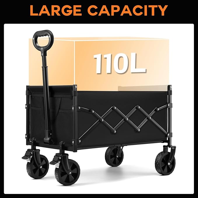 CAMTOP Collapsible Wagon Cart Foldable Wagon Portable Heavy Duty Folding Wagons with Braking Wheels Lightweight Outdoor Utility Wagon for Shopping, Sports, Camping, Garden, Grocery, Beach (Black)