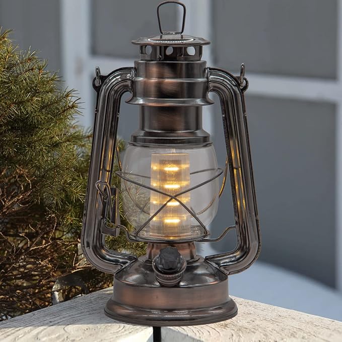 YAKii LED Vintage Lantern Metal Hanging Hurricane Lantern 12 LED Dimmer Switch Warm White Battery Operated Lantern Power Outage Indoor Camping Lighting Outdoor Brooklyn Lantern Decoration(Copper)