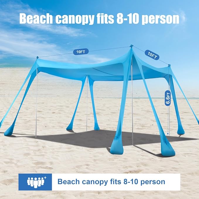 Beach Tent, Camping Sun Shelter UPF50+ with 8 Sandbags, Sand Shovels, Ground Pegs & Stability Poles, Outdoor Shade Beach Canopy for Camping Trips, Fishing