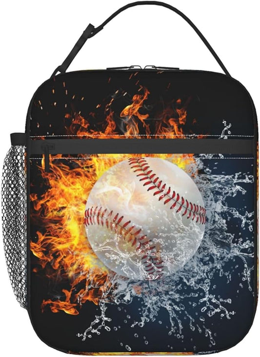 White Baseball Stitches Lunch Box,Cool Fire Water Sport Lunch Bag Sport Insulated for Men Women, Portable Kids Lunch Bag Reusable Baseball Cooler lunchbox for School Work Travel