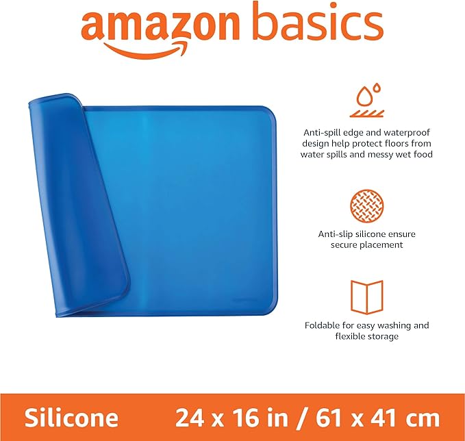 Amazon Basics Waterproof Anti-Slip Silicone Cat & Dog Food Mat, Pet Mats with Raised Edges for Food and Water Bowl to Protect Floors, 24 x 16 Inches, Blue, Solid