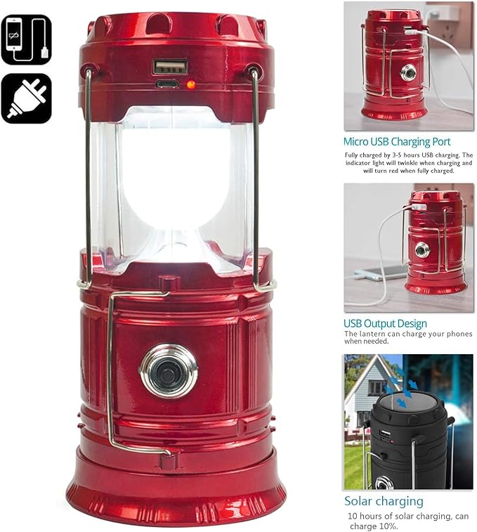 Solar Camping Lantern Rechargeable USB,COB LED Lantern Flashlight 2 Power Supply Modes Survival Kit for Emergency, Hurricane(Red 2 Pack)