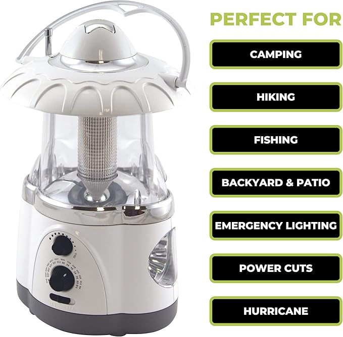 Multifunctional Radio Camping Lantern, Battery Powered, LED Lantern, Tent Light, Perfect Lantern Flashlight for Hurricane, Emergency, Survival Kits, Hiking, Fishing, Home Decor , White, 10"x6"x6"