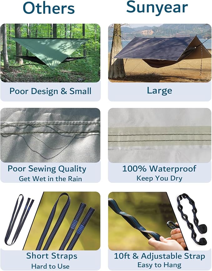Sunyear Hammock Camping with Rain Fly Tarp and Net, Portable Camping Hammock Double Tree Hammock Outdoor Indoor Backpacking Travel & Survival, 2 Tree Straps,100% Waterproof