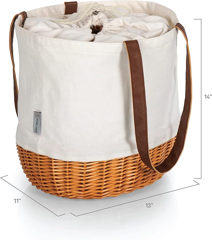 PICNIC TIME Coronado Canvas and Willow Basket Tote, Picnic Tote Bag, Beach Tote
