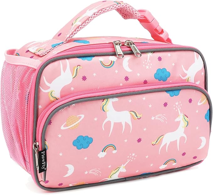 FlowFly Kids Lunch box Insulated Soft Bag Mini Cooler Back to School Thermal Meal Tote Kit for Girls, Boys,Unicorn