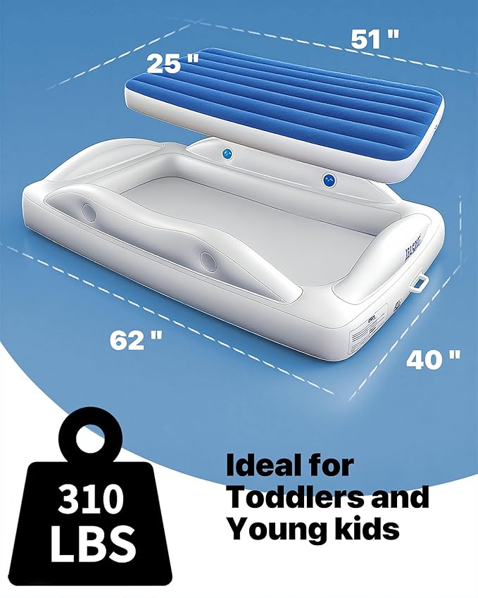 JEASONG Portable Inflatable Toddler Kid Bed with 4 Safety Sides - Air Mattress Electric Pump for Camping, Sleepovers and Home and Travel Use, Compact Crib Sleep Solution, Suitable for Ages 3+