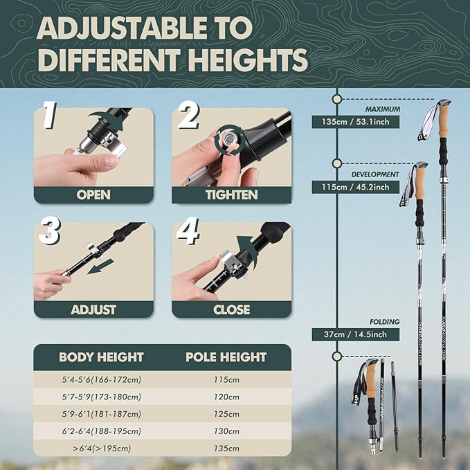GPTCAMP Nordic Walking Stick, TPZ-1, 2pc Folding Collapsible Hiking Poles with Metal Quick Lock, Cork Handle, Lightweight 7075 Aluminum Trekking Poles for Seniors Women Men Hiking Gear