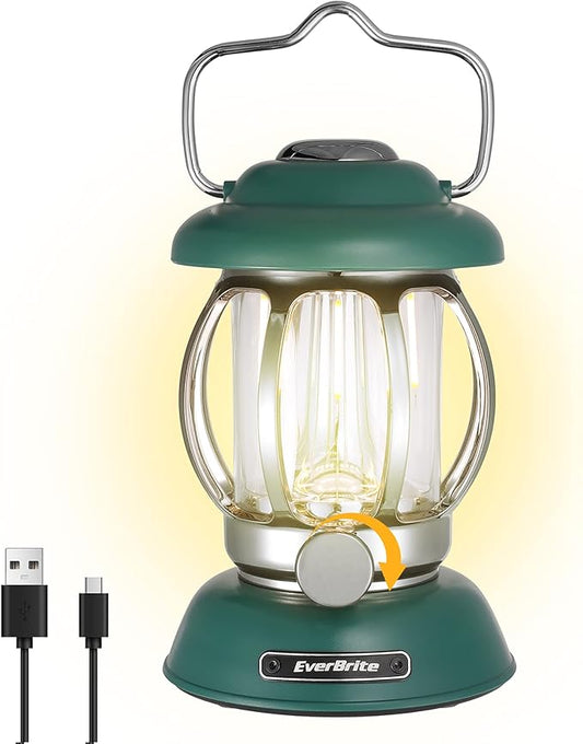 EverBrite Camping Lantern Rechargeable, Retro Metal Camping Light, 4400mAh Battery Powered Hanging Vintage Camping Lamp, 3 Light Modes, Outdoor Tent Light, Emergency Lantern for Power Outage - Green