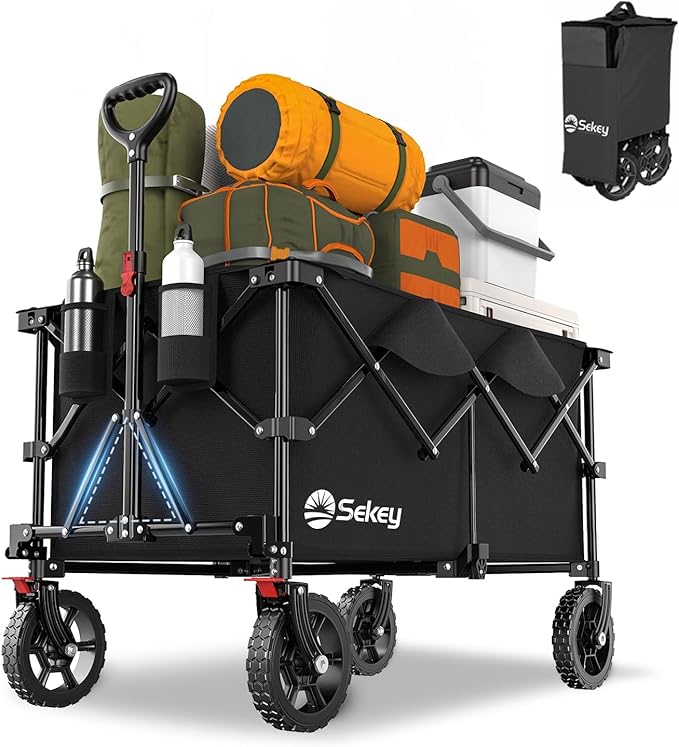Sekey 330lbs Collapsible Foldable Wagon with Weight Capacity, Heavy Duty Folding Wagon Cart with Big All-Terrain Wheels & Drink Holders. Black