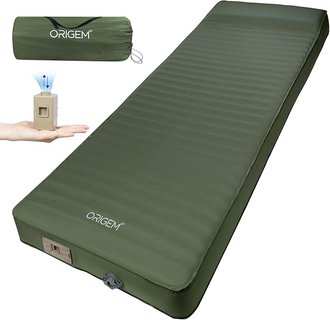 Origem Self Inflating Sleeping Pad, 4" Ultra-Thick Camping Mattress with Built-in Pump, Foam Campinging Mat for Tent, Traveling and Car, Easy to Inflate and Deflate (Green)